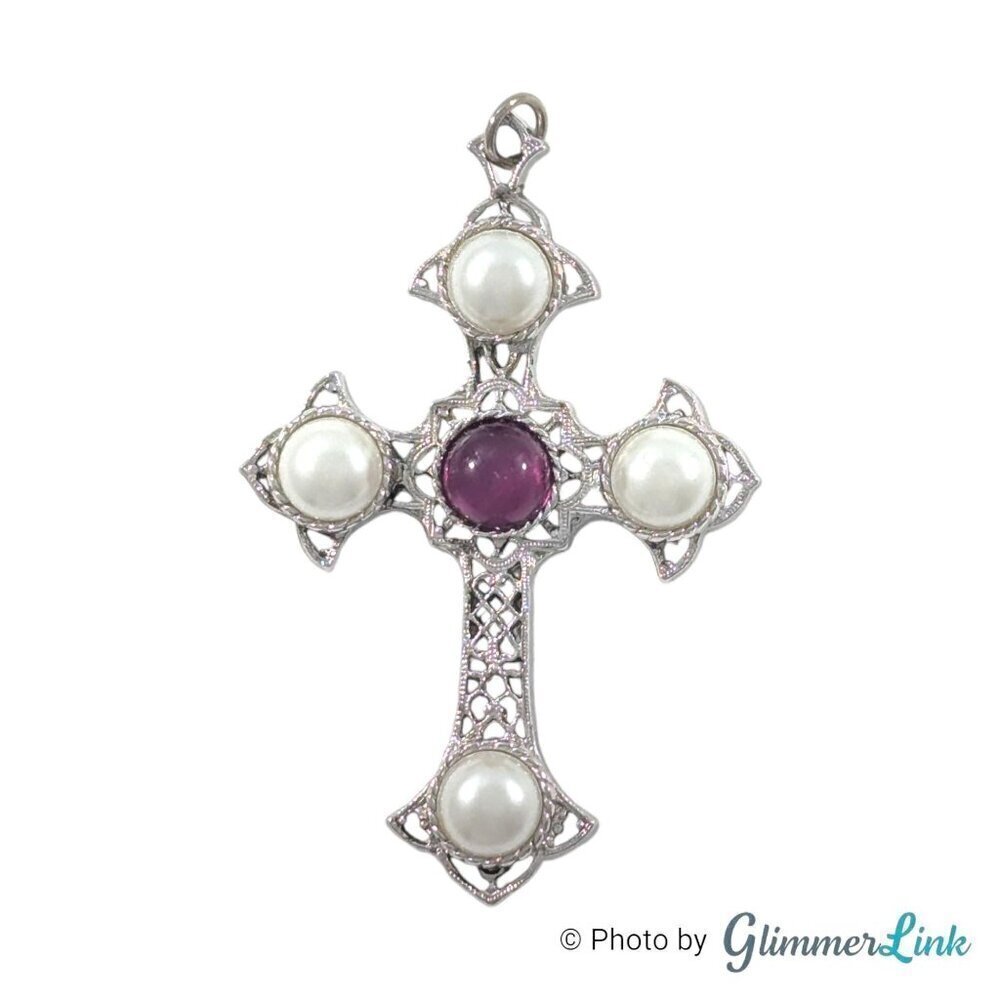 VTG 70s Sarah Coventry Purple Cab Faux Pearl Crusader Cross Silver Tone Pendant